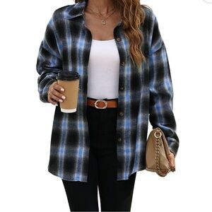 Women's Blue and Black Plaid Button-Down Shirt Jacket